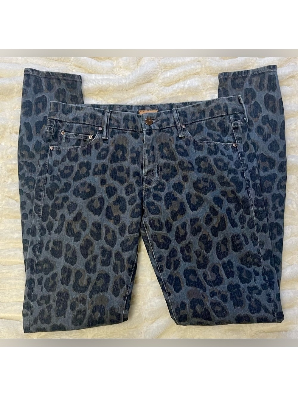 MOTHER Blue Leopard Print Straight Leg Jeans
